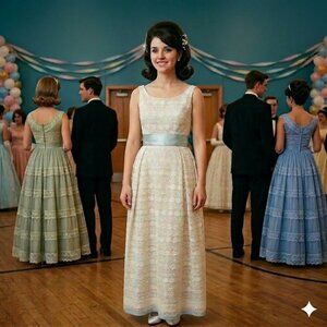 Vintage 60s Prom Maxi Dress Ivory Lace and Blue Size Small